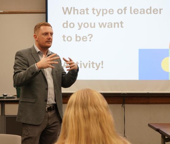 A speaker gives a presentation at a Leadership Launchpad event