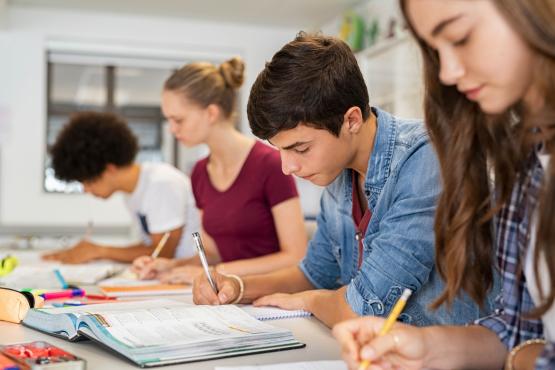  Four children sitting at a desk writing notes and reading textbooks. 