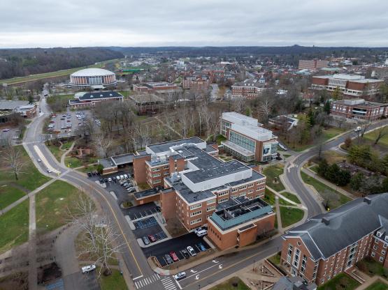 An aerial image  of OHIO's Athens Campus that shows the newly renovated Clippinger Hall