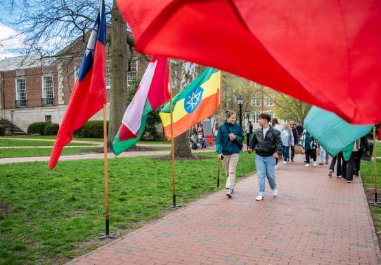 OHIO students and community members walk by the international flags on the College Green during the International Street Fair