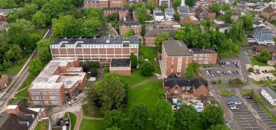  An aerial image of Seigfred Hall, Glidden Hall, Putnam Hall and the buildings around them 