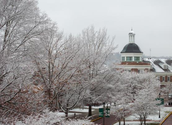 Baker University Center and the trees around it are covered in snow and ice