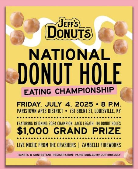 A sign for the National Donut Hole Eating Championship on Friday, July 4, 2025 in Louisville. The sign says there is a $1,000 grand prize and that 2024 champion Jack Legath will be featured this year