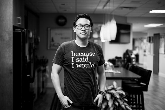  black and white headshot of Alex Sheen wearing &amp;amp;#039;because I said I would&amp;amp;#039; shirt 
