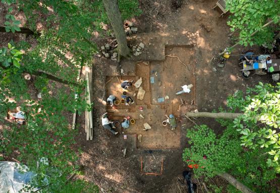 An overhead view of people digging in an archeological site