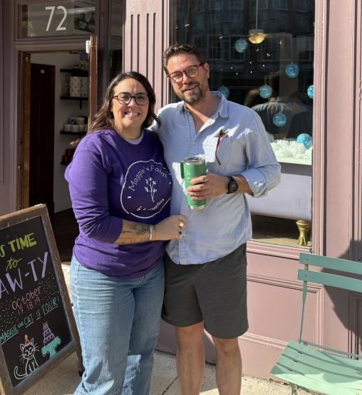 Jessie and Kazy Richmond in front of Maggie&amp;#039;s Farm and Aromatics