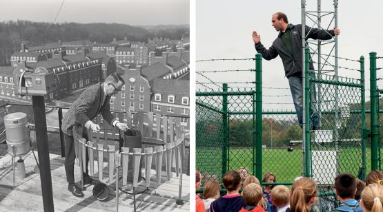 Left: a man with glasses and business professional attire inspects scientific equipment on a rooftop overlooking ĢƵ University’s West Green. Right:  a man in casual attire stands partway up a weather tower, addressing a group of elementary school students