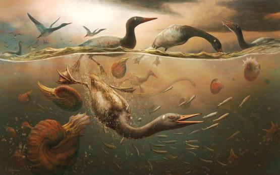 an artistโs rendering of the ancient bird Vegavis, depicted diving for fish among other ancient creatures