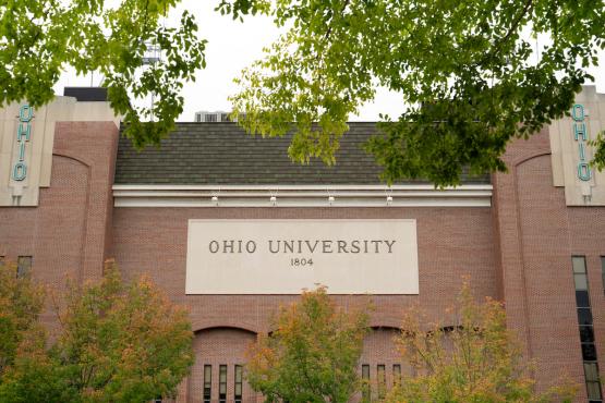 The outside of Peden Stadium says Ohio University 1804