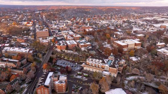 Ohio University's Athens Campus is covered with light snow in this aerial image
