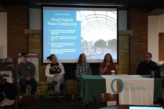 Panelists talk in front of a slide that says Food/Organic Waste Composting at the Sustainable Infrastructure Hub Seminar at Ohio University