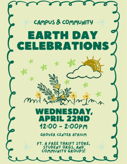 Campus and Community Earth Day Celebrations, Wednesday, April 22, 12-2 p.m., Grover Center Atrium, Featuring a Free Thrift Store, Student Organizations and Community Groups!