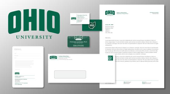 Images of the updated OHIO logo on letterhead, business cards and envelopes