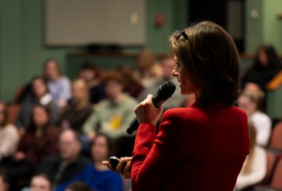 Sonya Pfeiffer speaks to an auditorium on Pre-Law Day 2026