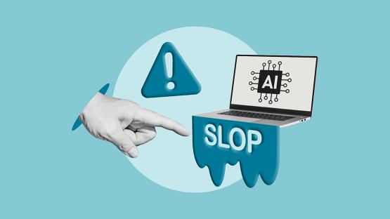A hand pointing too a laptop that has the word "slop" oozing out of it.