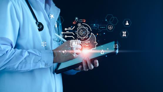 A doctor holds a tablet using artificial intelligence.