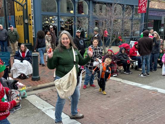 Martha Kline is shown participating in a holiday parade in Lancaster