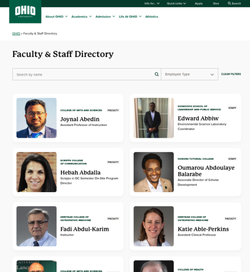 A screenshot of the new Faculty and Staff Directory