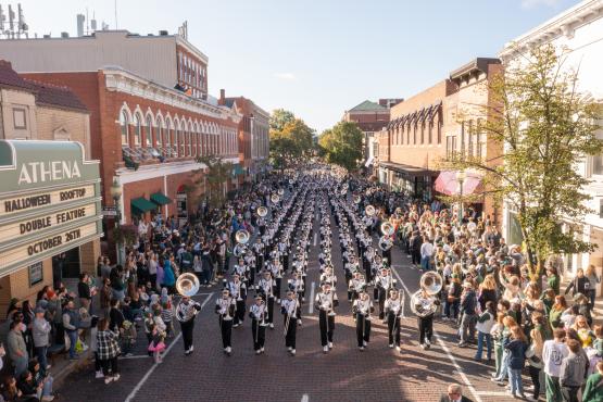 The Marching 110 performs during OHIO's Homecoming Parade.