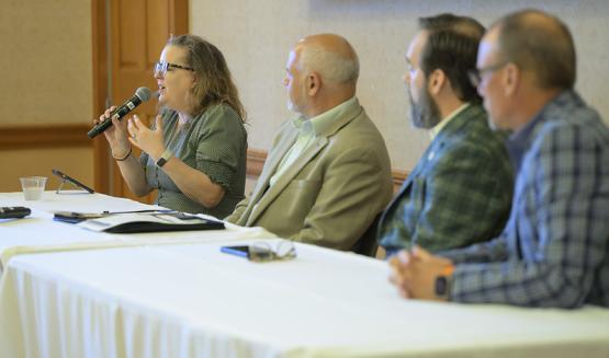Panelists sit at a table and speak during a Public Service Day event