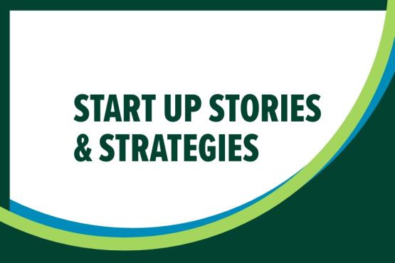 Image features the words "Start up Stories and Strategies" in a green font on a white background, with lime green and blue curved lines on the bottom right side