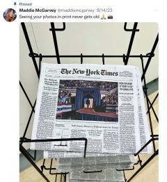Screenshot of a tweet from photographer Maddie McGarvey showing a stack of New York Times newspapers with the caption "Seeing your photos in print never gets old"