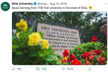 This Aug. 14, 2019 tweet generated well over 10,000 likes, nearly 3,000 retweets and 162 comments, helping to propel Ohio University’s social media efforts to sixth in the nation.