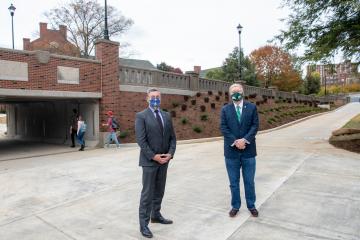 Mayor Steve Patterson and President M. Duane Nellis in front of the Richland Ave Passageway