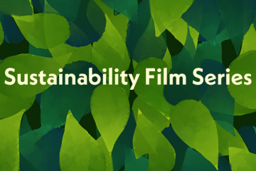 A pile of dark green and light green leaves, with the text "Sustainability Film Series" appearing on top