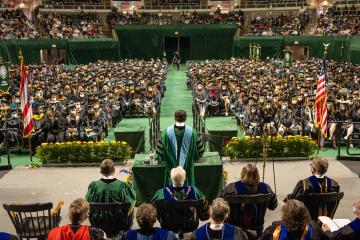 Ohio University Associate Professor David Nguyen delivers the keynote address at Fall 2021 Commencement.