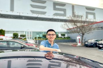 Pengfei “Phil” Duan, MS ’11, PHD ’18, is pictured outside Tesla offices in Silicon Valley, California, where this two-time Ohio University alumnus leads one of the teams working on the company’s autopilot project. 