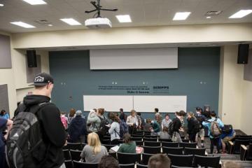 Students depart Dr. Eddith Dashiell’s communication law lecture in the Schoonover Auditorium on Wednesday, Feb. 3, 2016. / photo by Margaret Sabec