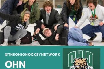 The 2020- 2021 Ohio Network Hockey team posing at the Bird Arena after broadcasting a hockey game.