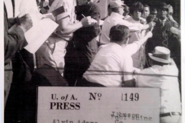 Members of the press are shown covering Governor George Wallace, June 11, 1963 at University of Alabama 