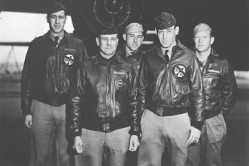 Lt. Henry A. Potter, navigator; Lt. Col. James H. Doolittle, pilot; Staff Sgt. Fred A. Braemer, bombardier; Lt. Richard E. Cole, co-pilot; and Staff Sgt. Paul J. Leonard, engineer-gunner