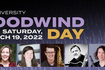 Ohio University Woodwind Day promo banner with photos of seven participating artists