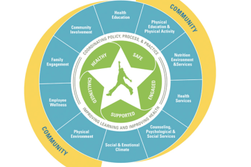 Circular model highlighting concepts like community involvement, nutrition services, and health services