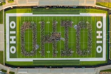 Arial shot of Ohio University football field with incoming class spelling "OHIO"