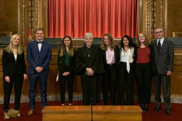 Jocelin Arbenz, third from left, and OIP Interns meet with Ohio Chief Justice Maureen O’Connor, center, and OHIO alumnus Pierce Reed, far right.