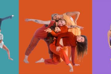 Three groupings of dancers pose against various colors