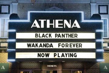 A sign at the Athena Cinema before the screening of Black Panther: Wakanda Forever.