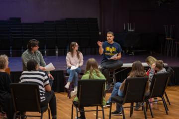 Ohio University School of Theater students Justin Ly, Makayla Franklin and Austin Vega speaking at the “Creating Your Anti-Racism Toolkit for Middle Schoolers” workshop. 