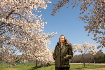 Susan Calhoun standing in the middle of cherry blossom trees