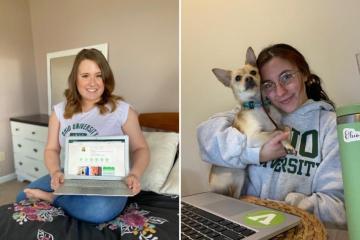 Riley Hoepfner posing with her computer and Cami Post posing with her dog
