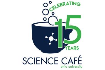 Logo for celebrating 15 years of Science Cafe at Ohio University