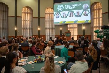 Attendees was a speaker give a presentation at the CIBED Global Recognition Reception on Sept. 19 in the Walter Hall Rotunda