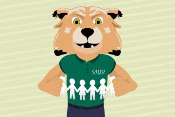An illustration of OHIO Mascot Rufus wearing an OHIO pullover stretching out a paper doll chain between two paws