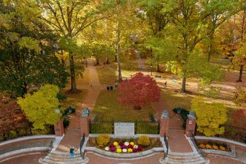 Colorful trees are shown during Fall on OHIO's College Green in this aerial image