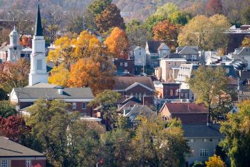 Ohio University campus beauty rooftops during fall season in Athens