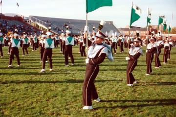 Vintage photo of the Marching 110 performing at an Ohio University Football game